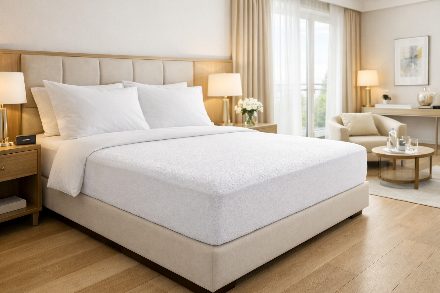 Bed Care waterdichte matrasbeschermer – ademend, antiallergisch en waterproof. Beschermt je matras tegen vocht, vuil, huismijt en nachtzweten. Comfortabele badstof poly/katoen met elastiek rondom voor perfecte pasvorm.
