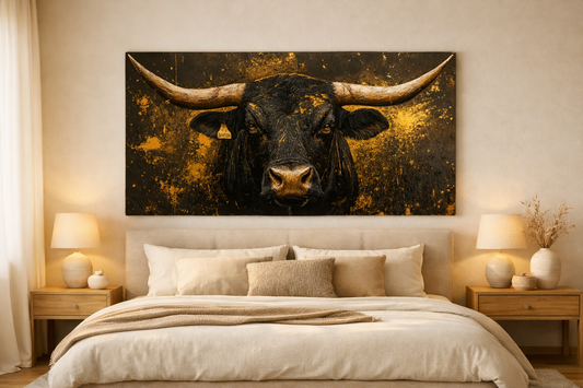 AxonBay Canvas Wanddecoratie Stier 75×152 cm – Goudaccenten – Modern