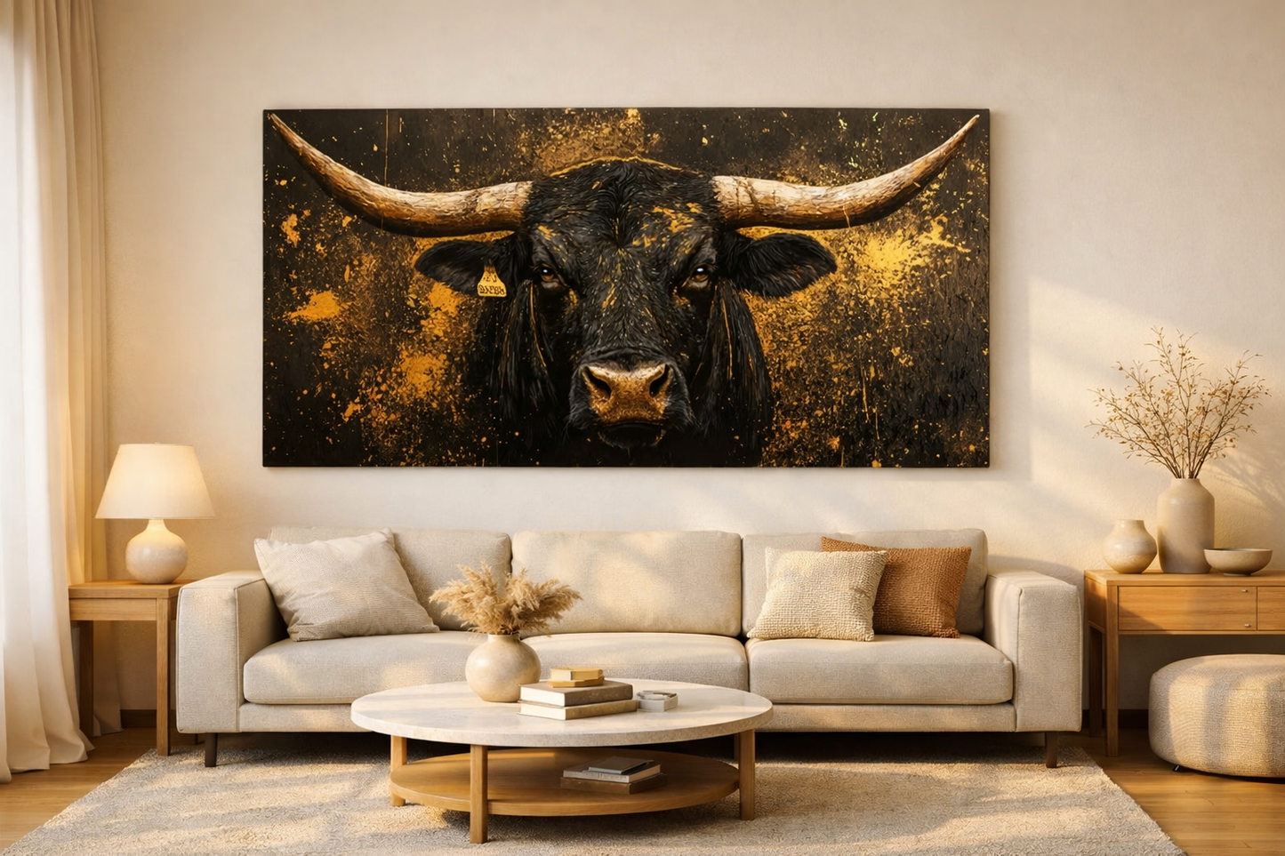 Krachtige Stier Canvas – Extra Breed 75×152,4 cm – Luxe Goudaccenten – Modern Wanddecoratie Zonder Frame