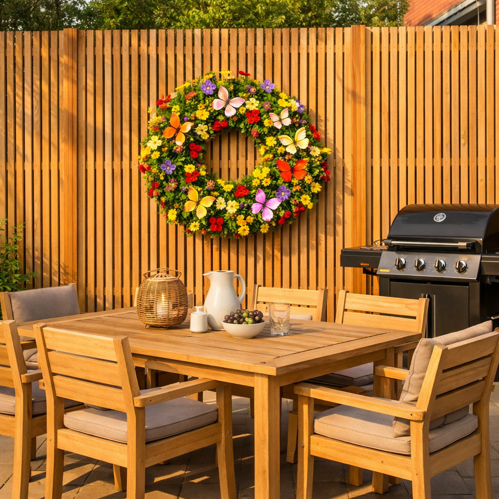Levendige Kunstmatige Paarse Varenkrans met Vlinders 50 cm – Decoratieve Eyecatcher voor Huis & Tuin