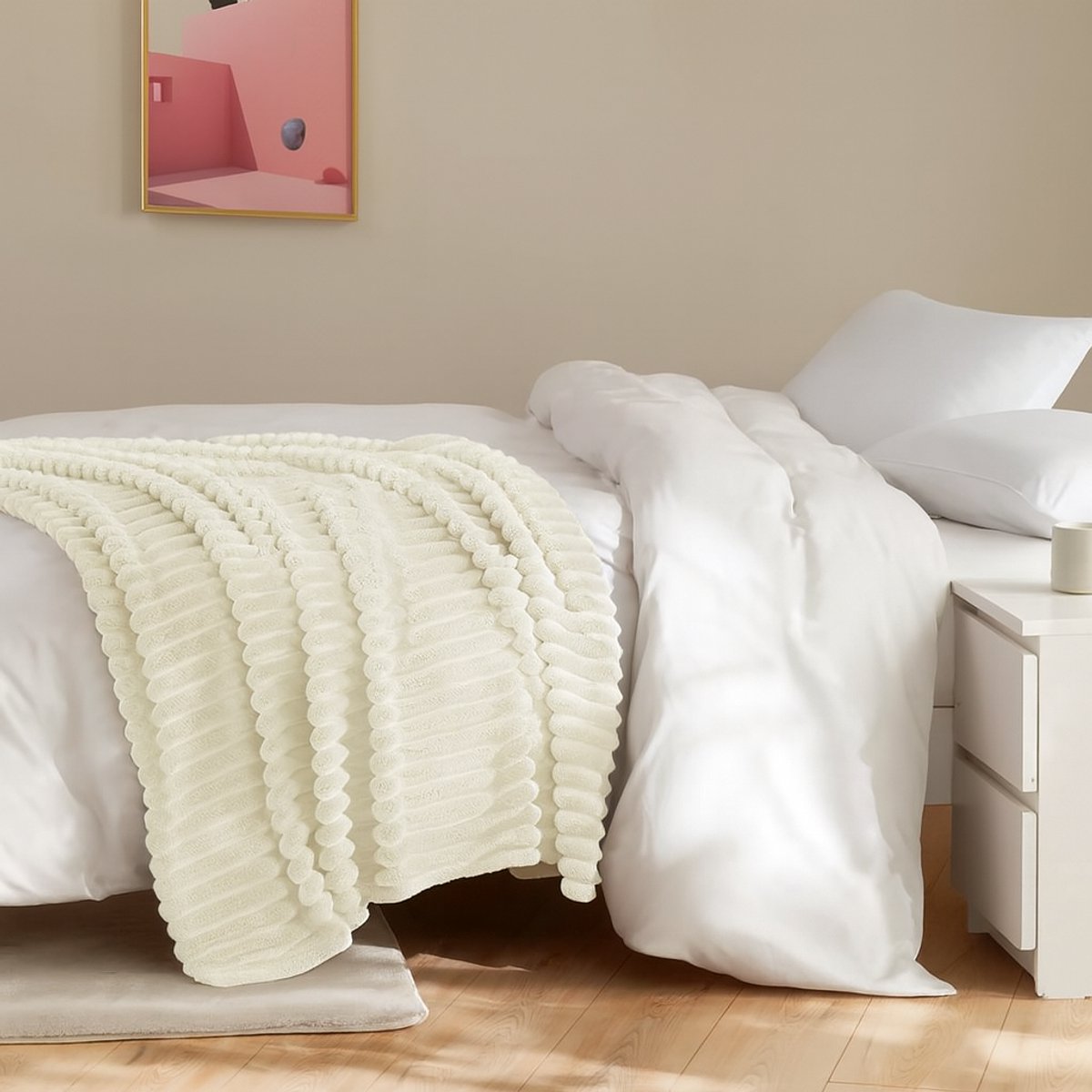 AxonBay Fleece Plaid XXL 220×230 cm – Roomwit – Kabelstructuur