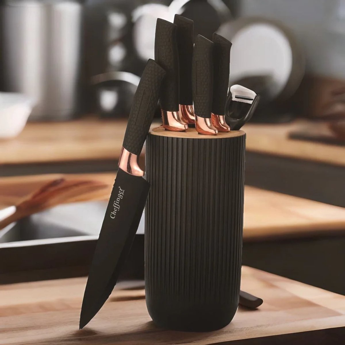 Cheffinger Messenset 7-delig met Messenblok – Zwart/Roségoud