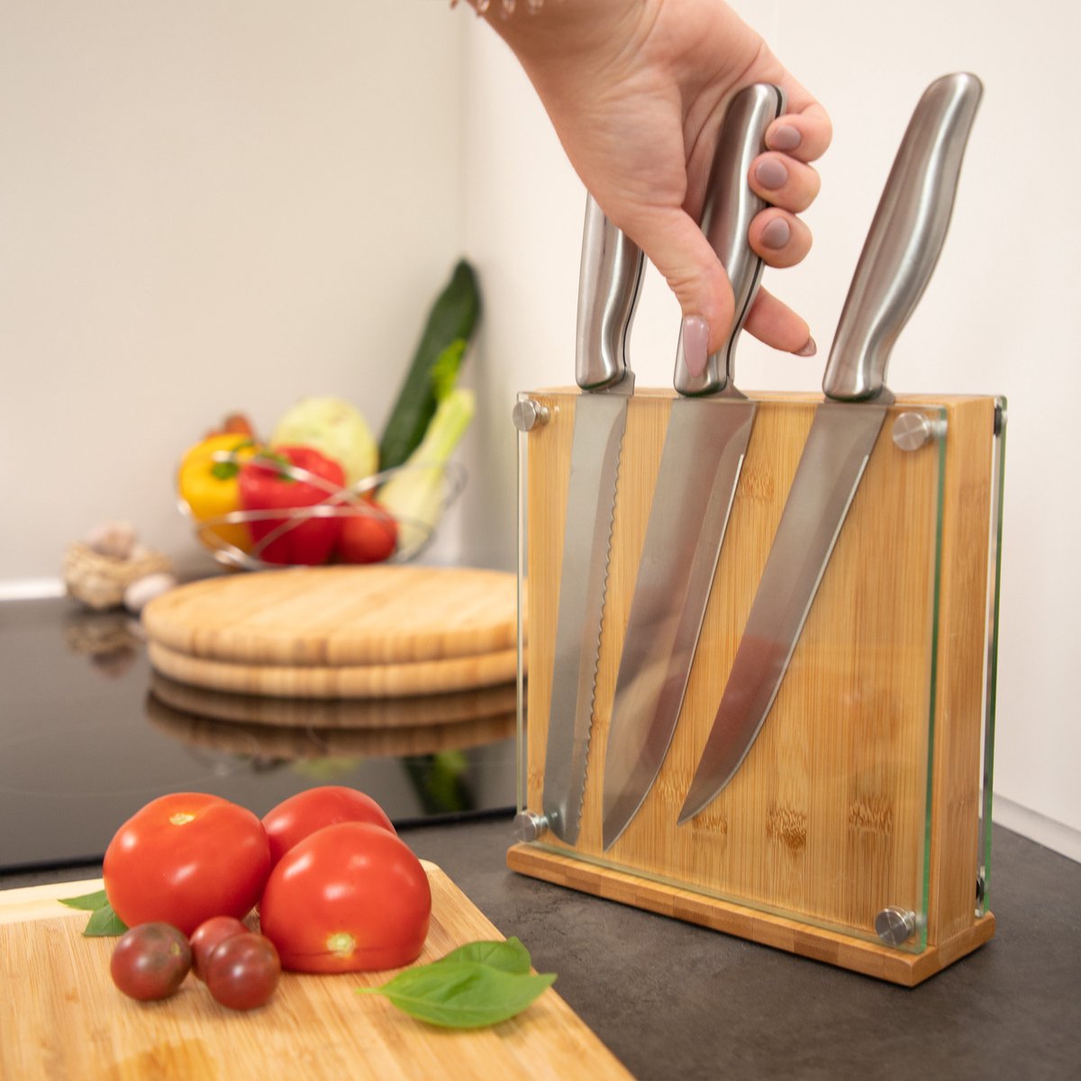 Bamboe Messenblok Leeg – Vierkant met Glas – 20×20 cm – Voor 8 Messen
