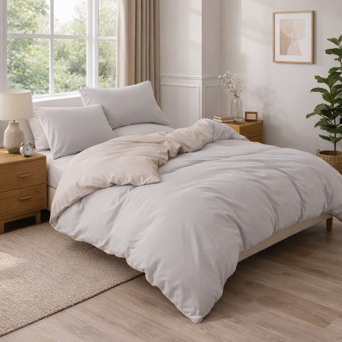 AxonBay Bedlinnen Set 240×220 cm – Off-White & Khaki – Met Kussensloop