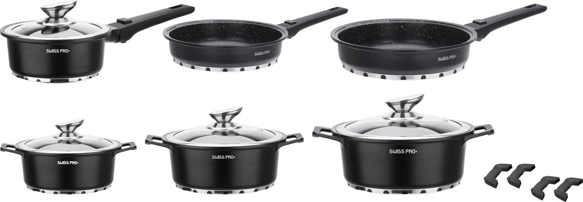 Swiss Pro+ 14‑delige Pannenset – Inductiecompatibel, PFAS‑vrij & Marmercoating – Met Afneembare Handgreep & Glazen Deksel (Zwart)