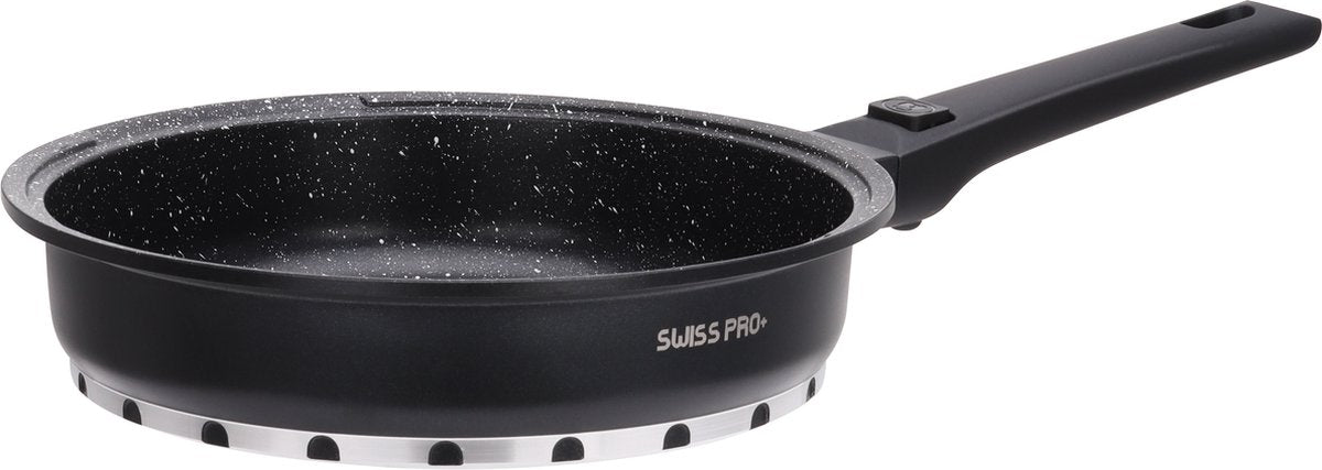 Swiss Pro+ 14‑delige Pannenset – Inductiecompatibel, PFAS‑vrij & Marmercoating – Met Afneembare Handgreep & Glazen Deksel (Zwart)