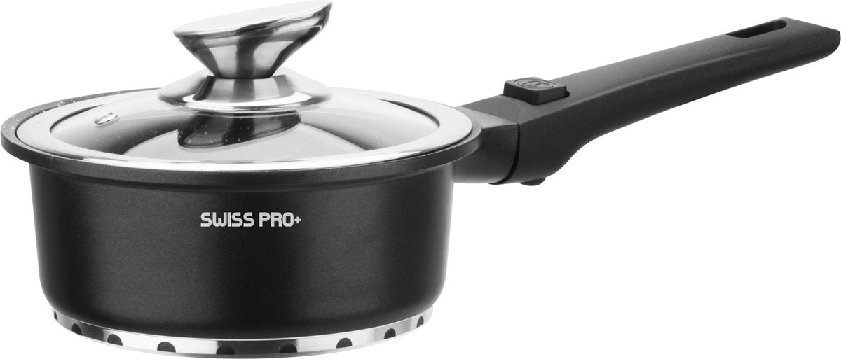 Swiss Pro+ 14‑delige Pannenset – Inductiecompatibel, PFAS‑vrij & Marmercoating – Met Afneembare Handgreep & Glazen Deksel (Zwart)