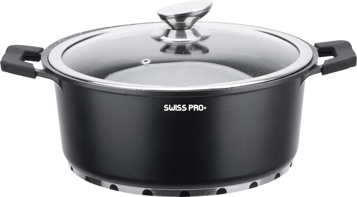 Swiss Pro+ 14‑delige Pannenset – Inductiecompatibel, PFAS‑vrij & Marmercoating – Met Afneembare Handgreep & Glazen Deksel (Zwart)
