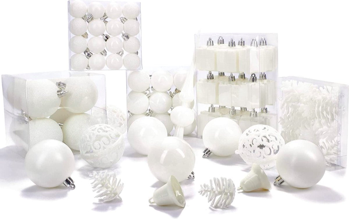 BRUBAKER Kerstballen Set 101-delig – Crème Wit – Met Kerstboompiek