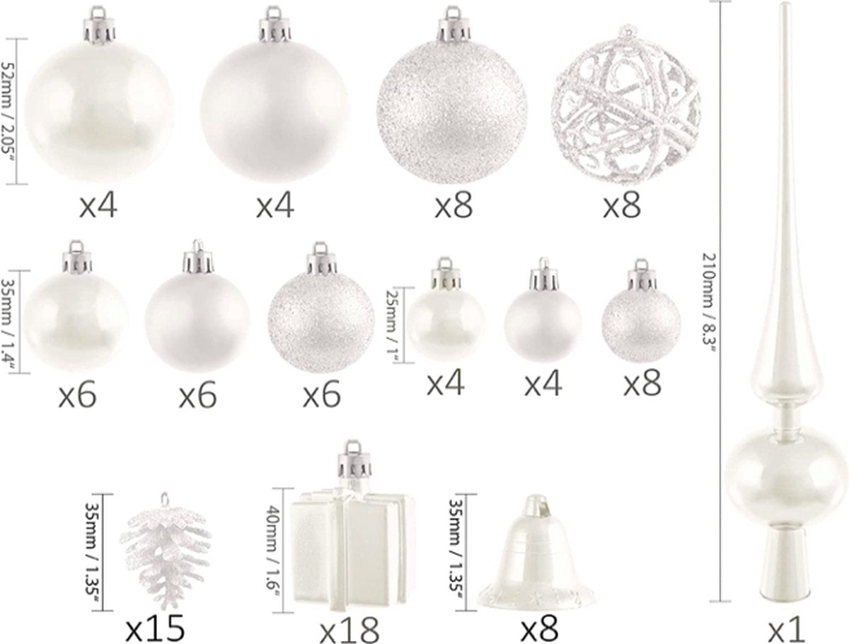 BRUBAKER Kerstballen Set 101-delig – Crème Wit – Met Kerstboompiek