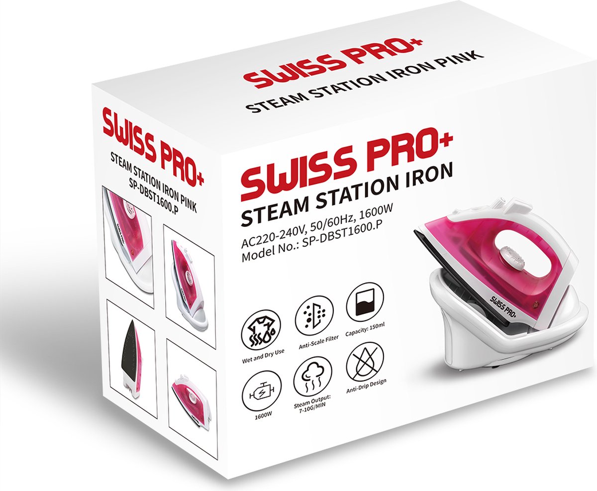 Swiss Pro+ Stoomstrijkijzer 1600W – Keramische Zoolplaat – Roze/Wit