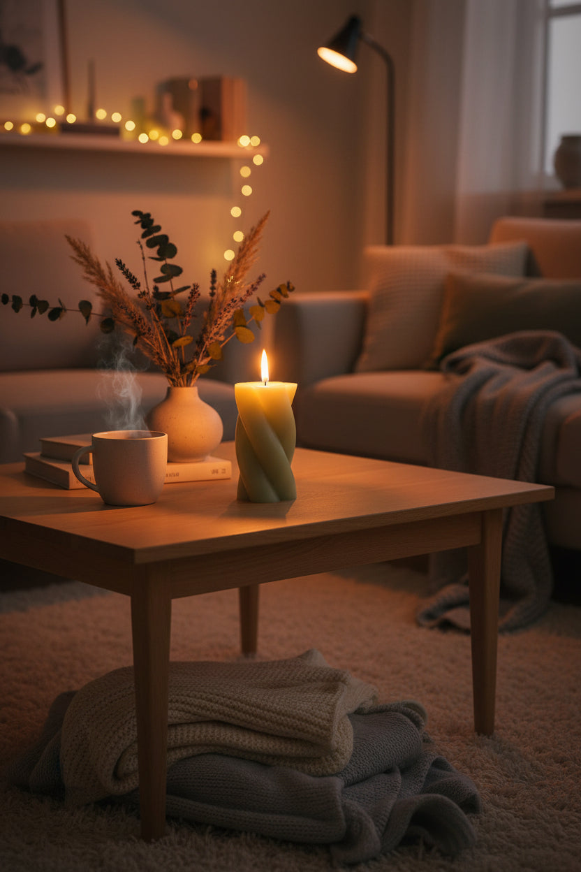 Gusta Swirlkaars Gedraaid ø7×14 cm – Lichtgroen – Decoratieve Kaars