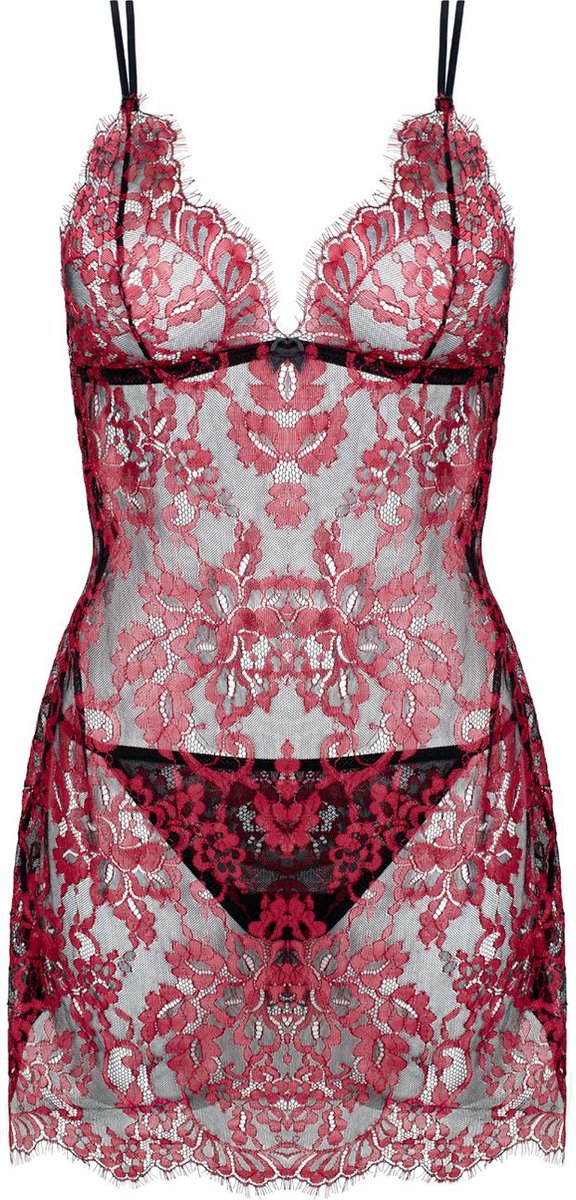 Christine le Duc Kanten Slipdress 'Fleur de Plaisir' – Zwart/Rood – Maat 2XL