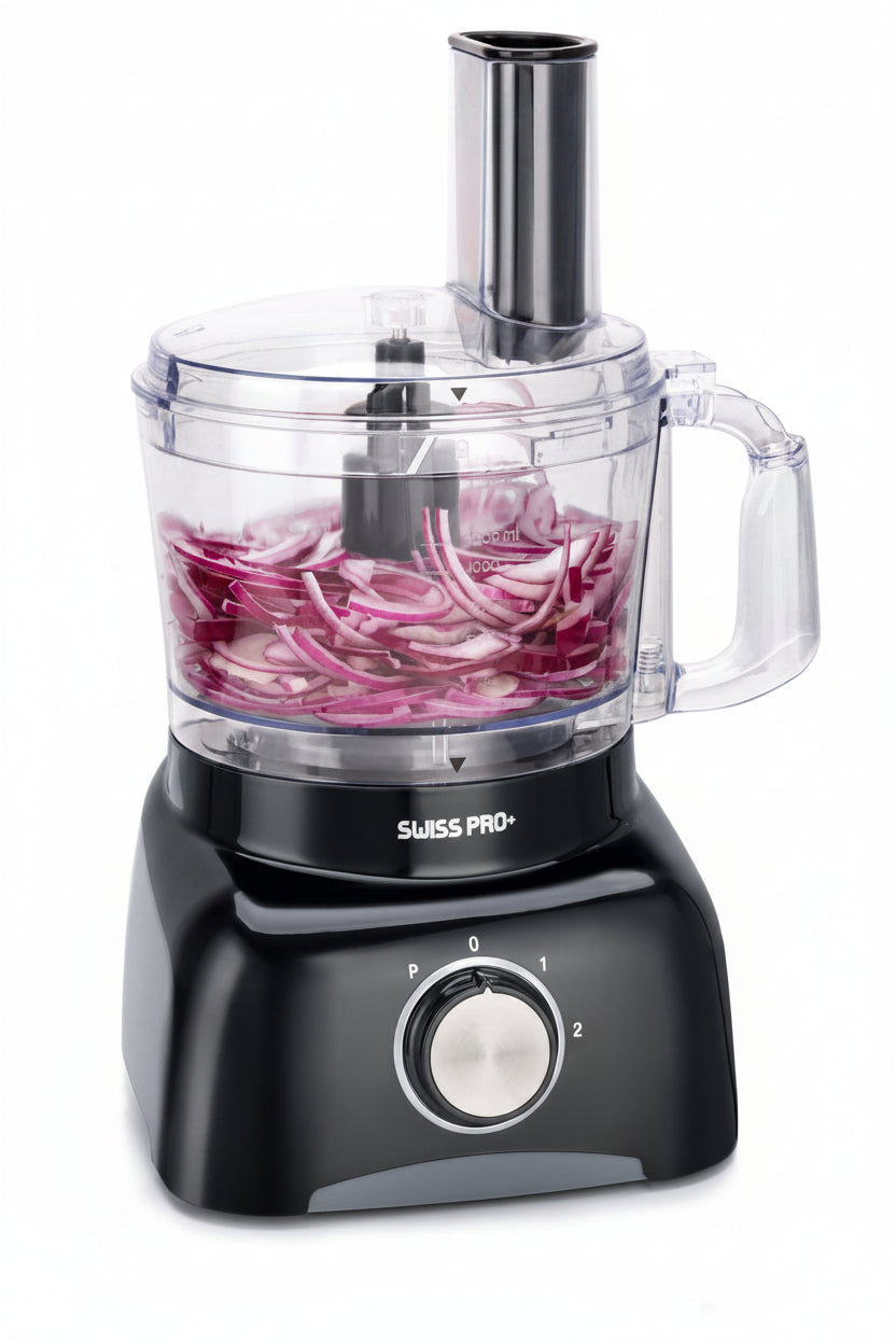 Swiss Pro Foodprocessor – 800W – Retro Zwart/RVS – 1.2L – 2 Snelheden + Pulse – Inclusief Accessoires – Snijden, Hakken, Raspen, Kneden & Smoothies
