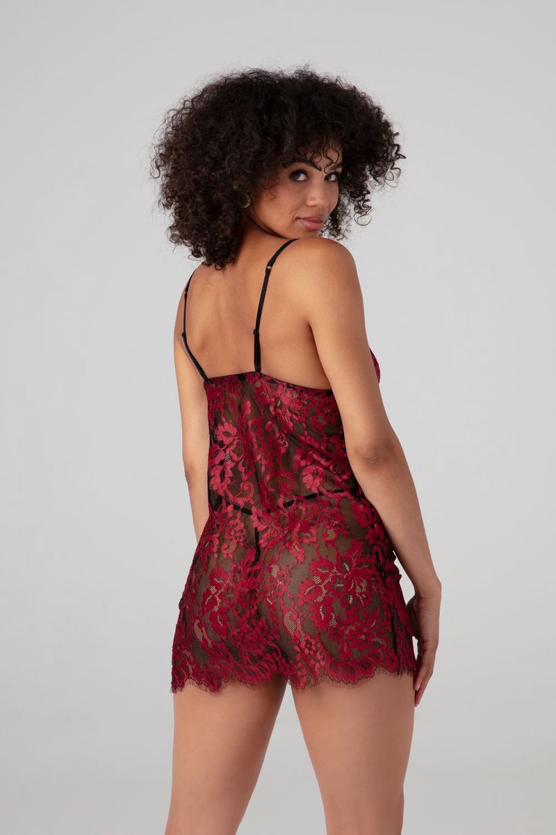 Christine le Duc Kanten Slipdress 'Fleur de Plaisir' – Zwart/Rood – Maat 2XL