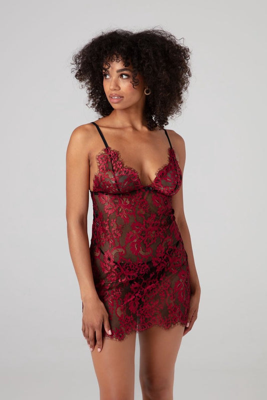 Christine le Duc Kanten Slipdress 'Fleur de Plaisir' – Zwart/Rood – Maat 2XL