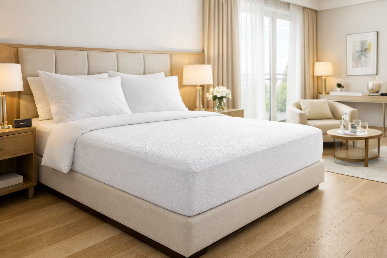 Bed Care waterdichte matrasbeschermer – ademend, antiallergisch en waterproof. Beschermt je matras tegen vocht, vuil, huismijt en nachtzweten. Comfortabele badstof poly/katoen met elastiek rondom voor perfecte pasvorm.