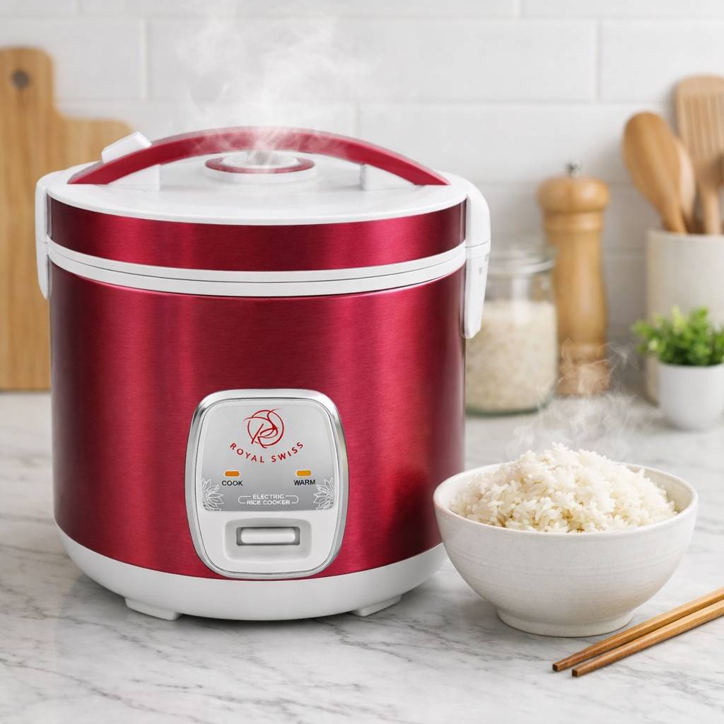 Royal Swiss Rijstkoker 2.8L – Donkerrood – Antiaanbaklaag & Warmhoudfunctie