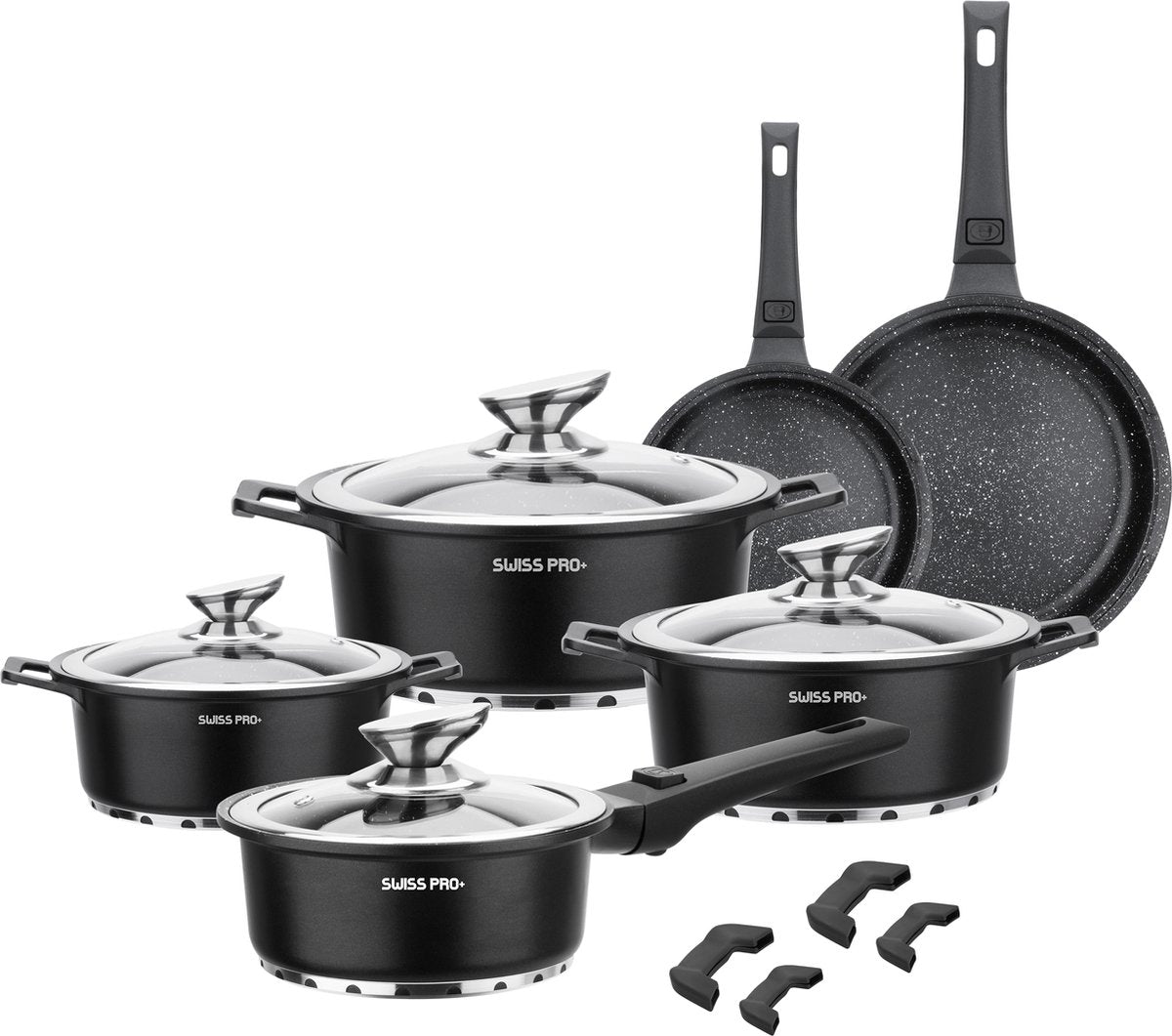 Swiss Pro+ | Set 14 delig pannenset | inductie - pannensets - glazen deksel - met afneembare handgreep - Marmeren interieur -PFAS-vrij | Black (Zwart)