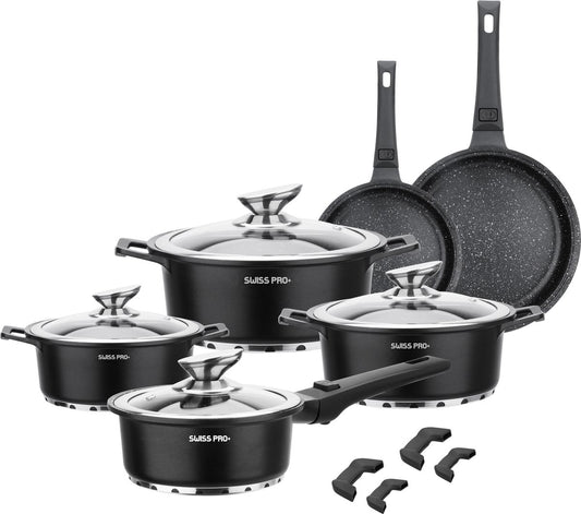 Swiss Pro+ | Set 14 delig pannenset | inductie - pannensets - glazen deksel - met afneembare handgreep - Marmeren interieur -PFAS-vrij | Black (Zwart)