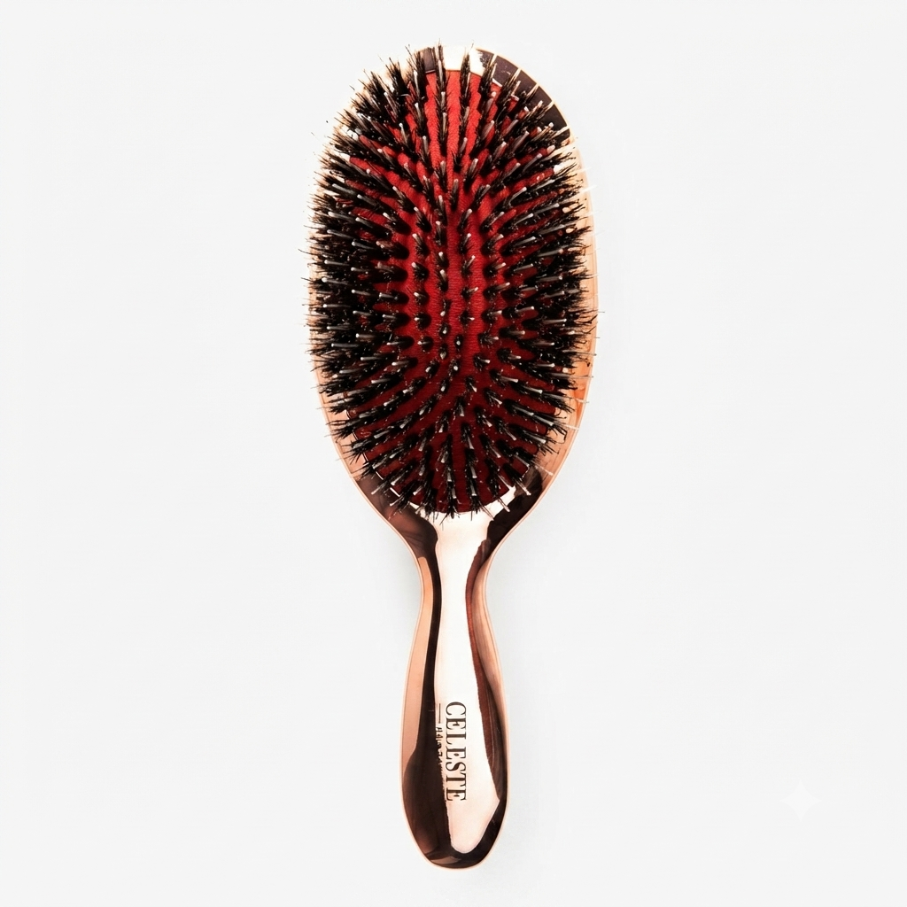 De CELESTE Spa Brush Rose Gold combineert elegant design met professionele haarverzorging. Dankzij de flexibele borstelharen en ergonomische vorm glijdt hij moeiteloos door het haar, vermindert pluis en stimuleert de hoofdhuid voor een natuurlijke glans. Perfect voor dagelijks gebruik en geschikt voor elk haartype.