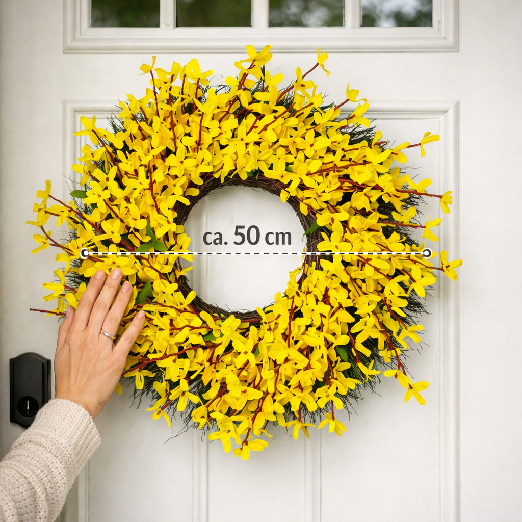 •	Forsythia bloemenkrans 50 cm met gele kunstbloemen. Lente zomer decoratie voor voordeur & interieur. Duurzaam, sfeervol en onderhoudsvrij.