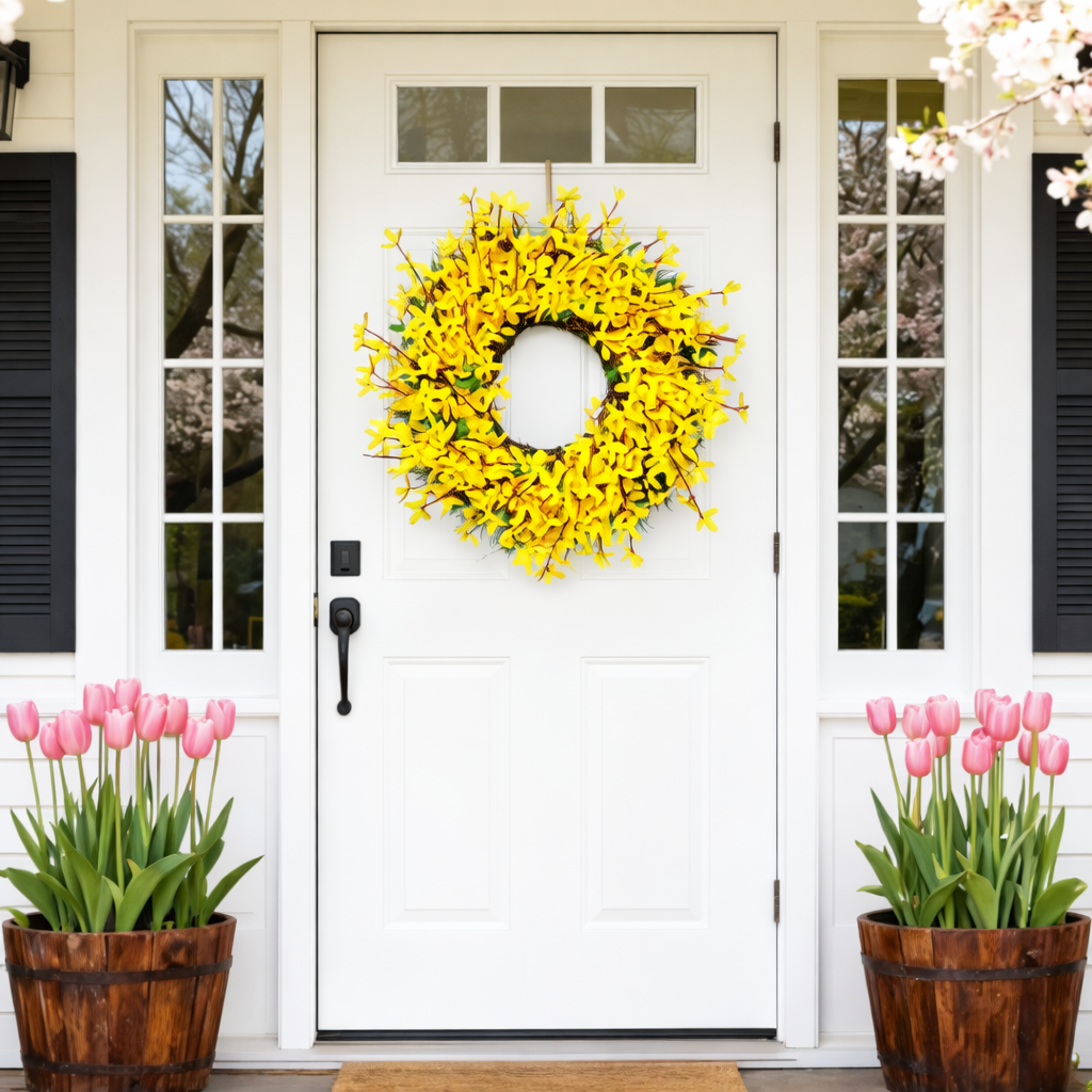 •	Forsythia bloemenkrans 50 cm met gele kunstbloemen. Lente zomer decoratie voor voordeur & interieur. Duurzaam, sfeervol en onderhoudsvrij.