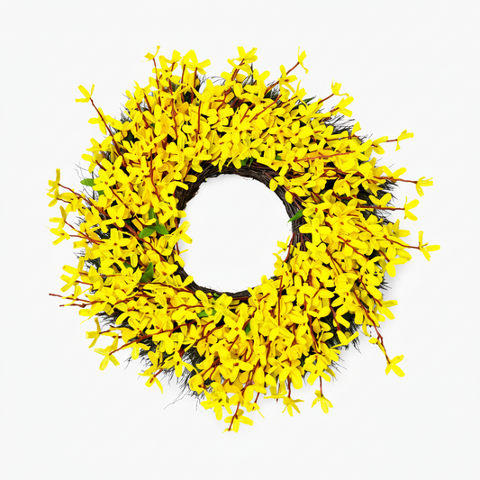 •	Forsythia bloemenkrans 50 cm met gele kunstbloemen. Lente zomer decoratie voor voordeur & interieur. Duurzaam, sfeervol en onderhoudsvrij.