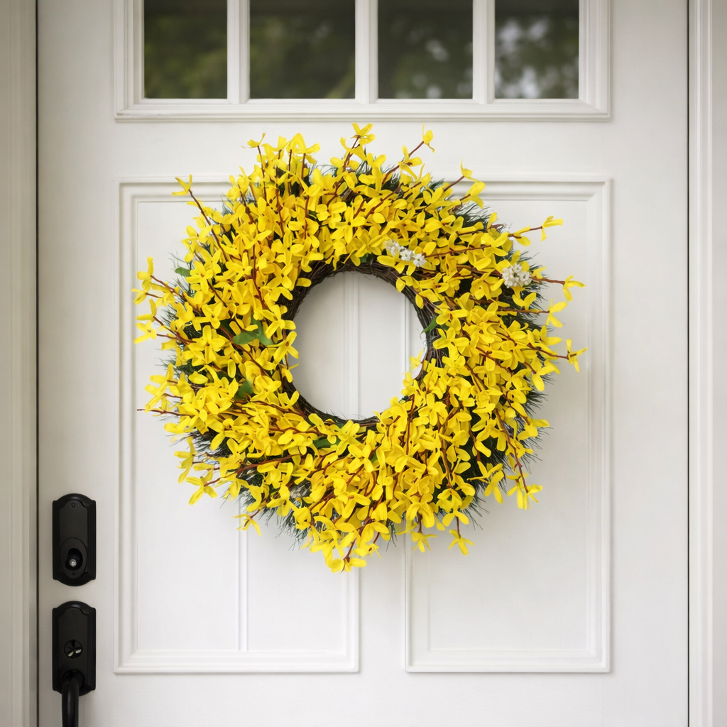•	Forsythia bloemenkrans 50 cm met gele kunstbloemen. Lente zomer decoratie voor voordeur & interieur. Duurzaam, sfeervol en onderhoudsvrij.