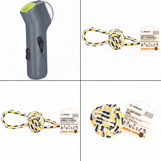4-in-1 Ultieme Honden Speel-, Trainings- & Verzorgingsset – Met Interactieve Snoepjeskatapult & 3x Benson Flostouw Bal