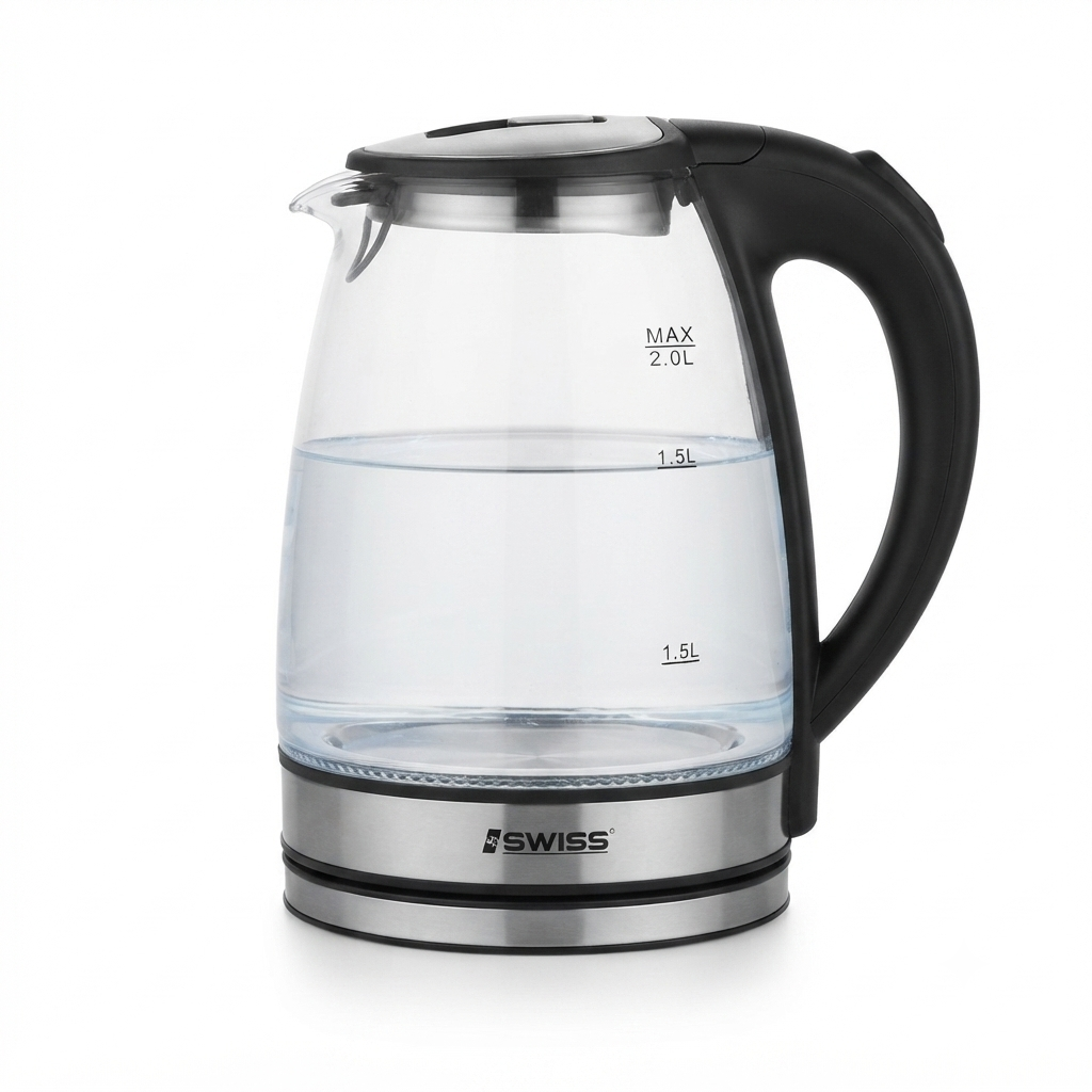 Iswiss SK1029 – Glazen Waterkoker Zwart | LED‑verlichting | 2.0 Liter | 360° Basis | Automatische Kookstop & Droogkookbeveiliging