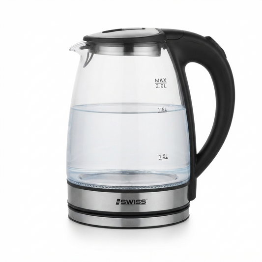 Iswiss Glazen Waterkoker 2L – LED-verlichting – 360° Basis – Zwart – SK1029