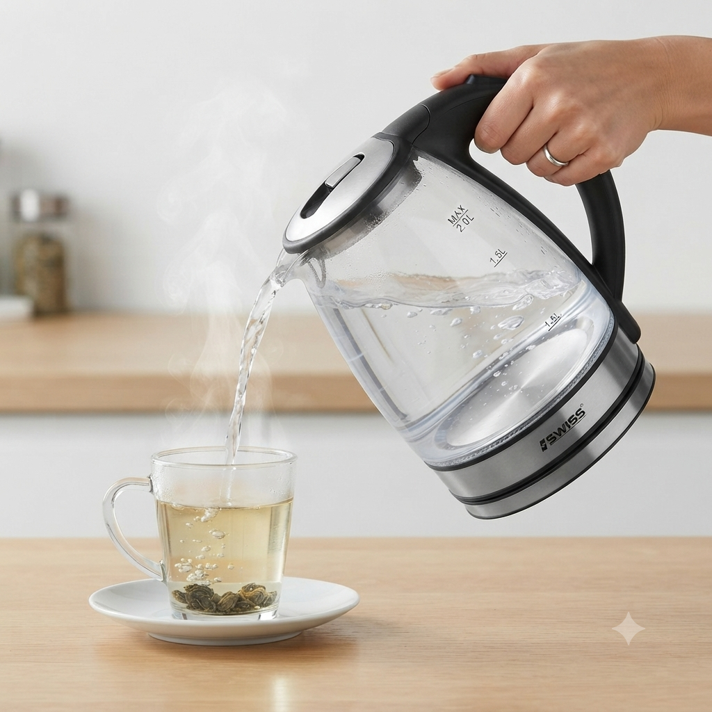 Iswiss SK1029 – Glazen Waterkoker Zwart | LED‑verlichting | 2.0 Liter | 360° Basis | Automatische Kookstop & Droogkookbeveiliging
