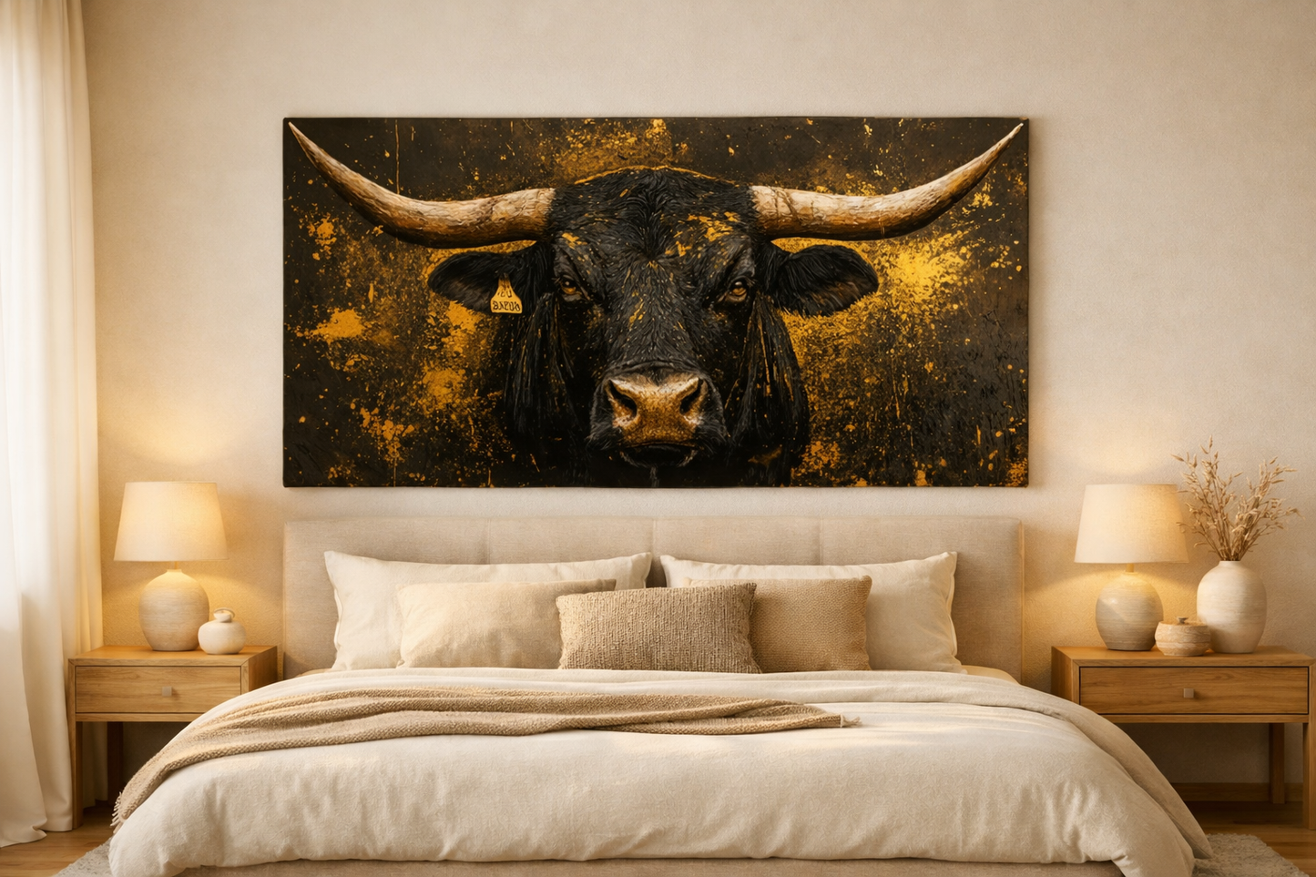 Krachtige Stier Canvas – Extra Breed 75×152,4 cm – Luxe Goudaccenten – Modern Wanddecoratie Zonder Frame