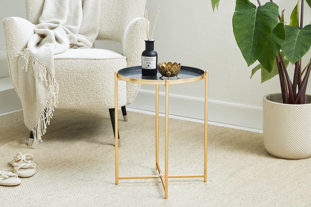 LIFA LIVING Bijzettafel Ella – Modern Grijs & Goud | 100% Metaal | 20 kg Draagkracht | Minimalistisch & Elegant