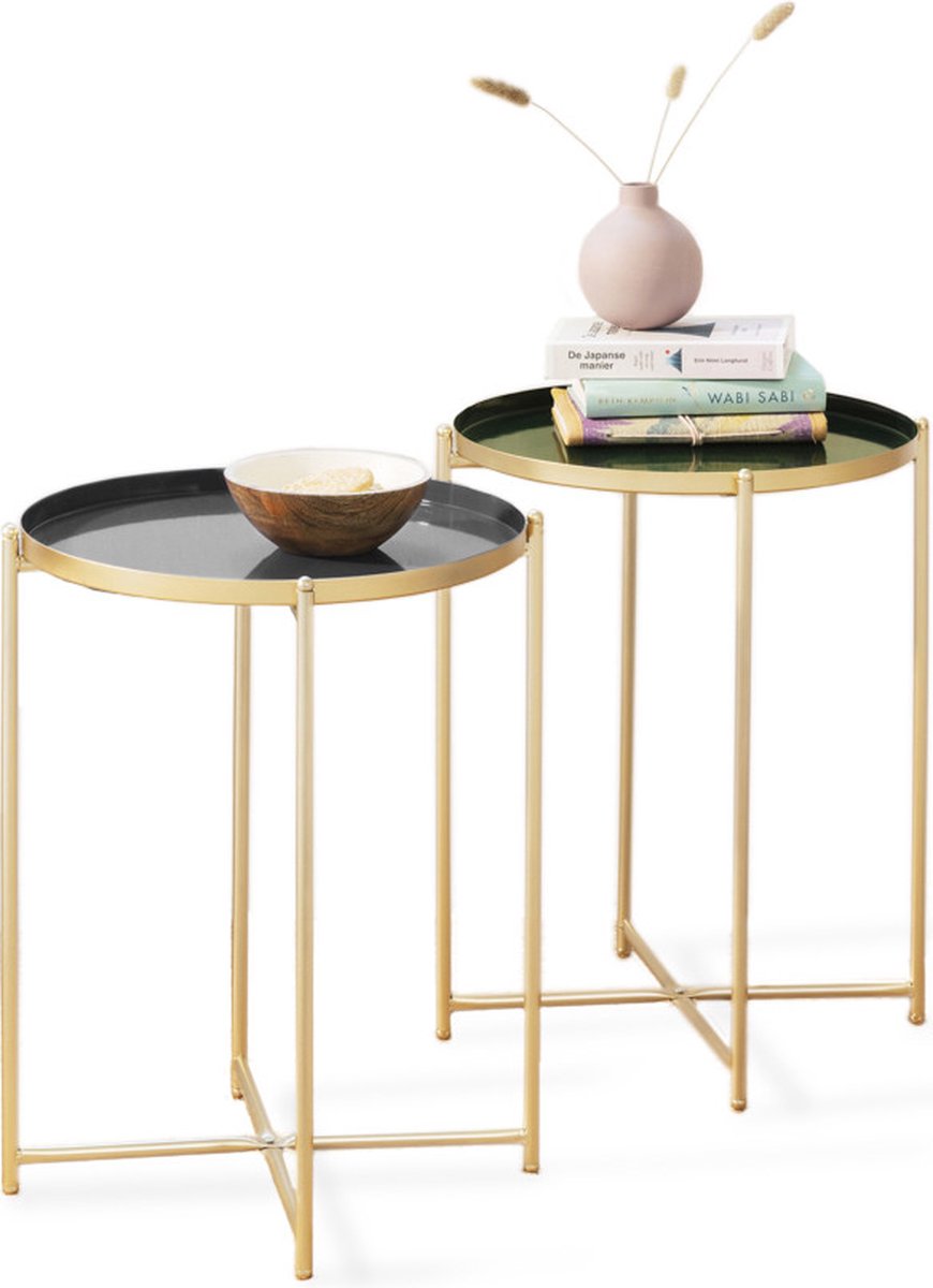 LIFA LIVING Bijzettafel Ella – Modern Grijs & Goud | 100% Metaal | 20 kg Draagkracht | Minimalistisch & Elegant