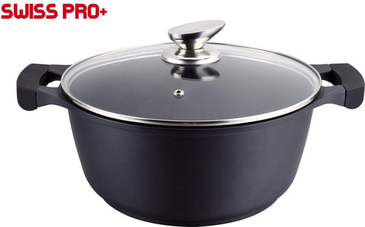 Swiss Pro+ Braadpan 24 cm – Aluminium – Antiaanbaklaag – Glazen Deksel – Zwart