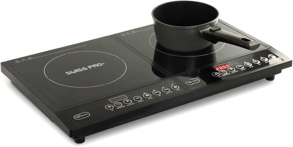 Swiss Pro+ Dubbele Inductiekookplaat SP‑DIP2000.2 (2‑pits, compact, ideaal voor vakantieverblijven)