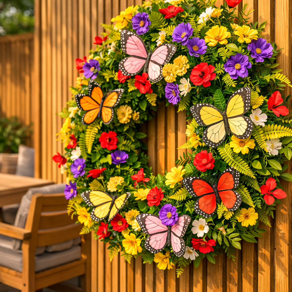 Levendige Kunstmatige Paarse Varenkrans met Vlinders 50 cm – Decoratieve Eyecatcher voor Huis & Tuin