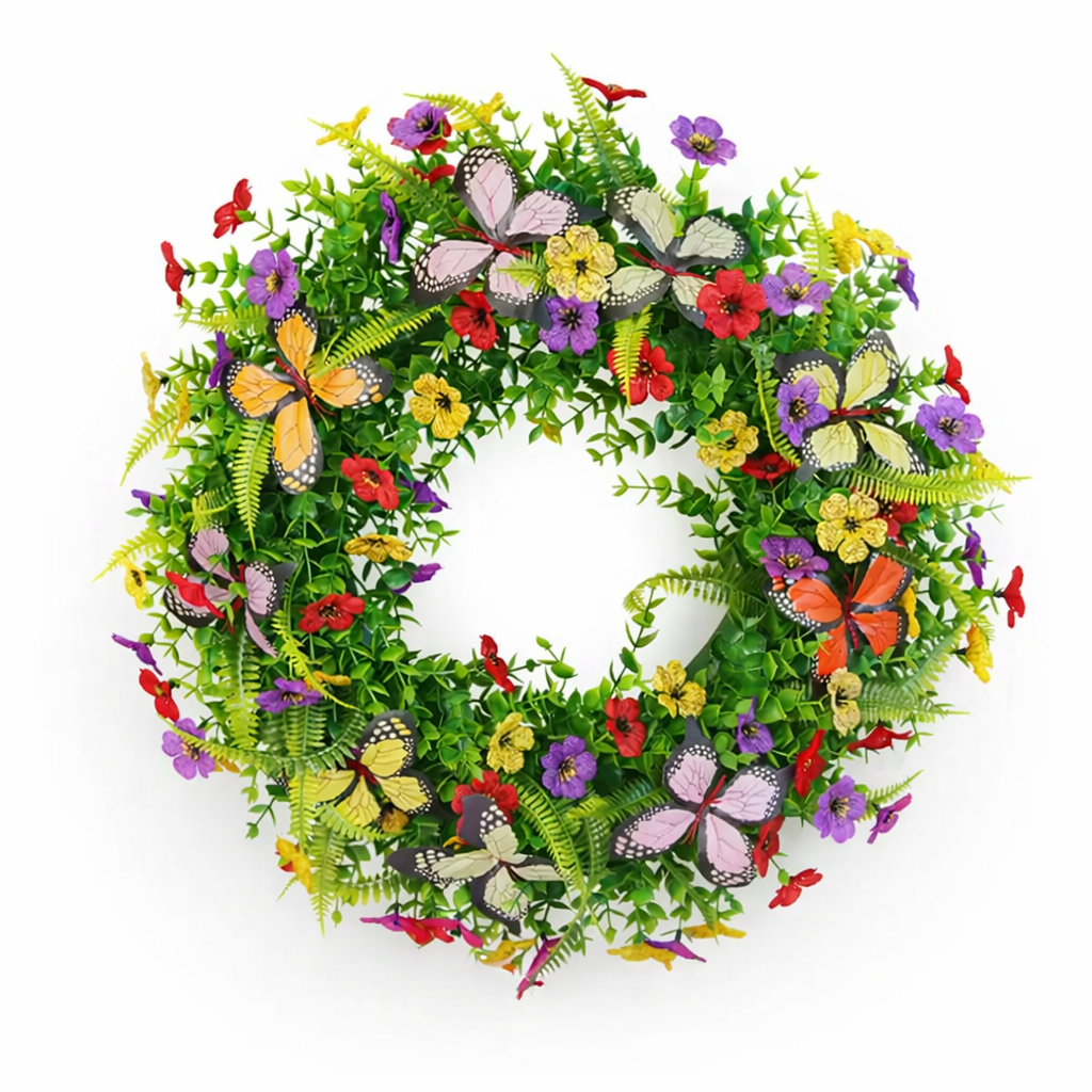 Luxe kunstbloemenkrans Ø 50 cm met vlinders – kleurrijke, onderhoudsvrije decoratie voor huis & tuin