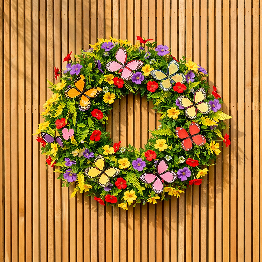 Luxe kunstbloemenkrans Ø 50 cm met vlinders – kleurrijke, onderhoudsvrije decoratie voor huis & tuin