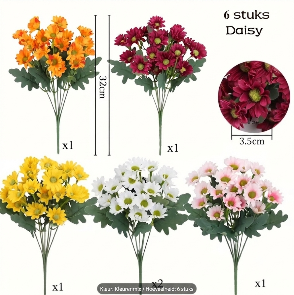 Veldboeket -126 Bloemen – 6 UV bestendige Kunstchrysanten Boeketten voor Binnen & Buiten – Realistische Decoratie