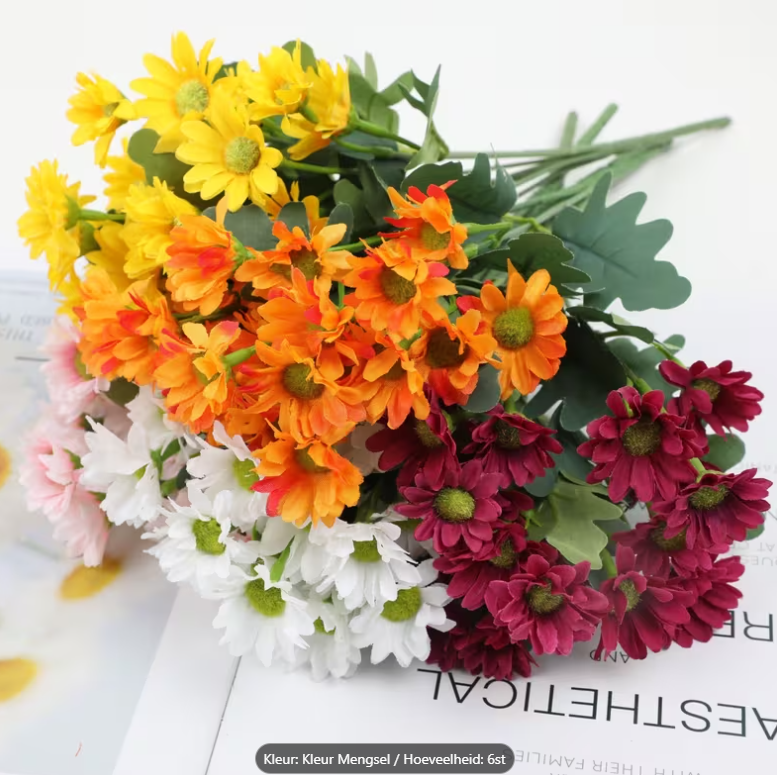 Veldboeket -126 Bloemen – 6 UV bestendige Kunstchrysanten Boeketten voor Binnen & Buiten – Realistische Decoratie