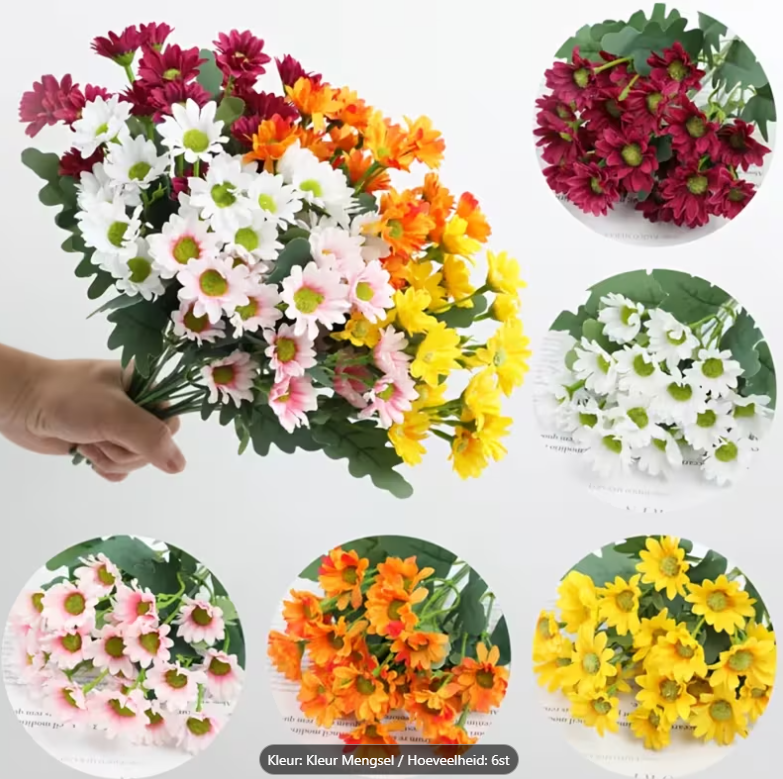 Veldboeket -126 Bloemen – 6 UV bestendige Kunstchrysanten Boeketten voor Binnen & Buiten – Realistische Decoratie