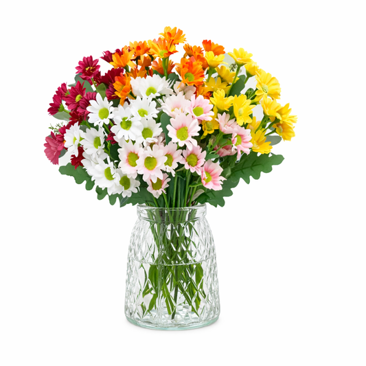 Kleurrijk boeket van 6 UV‑bestendige kunstchrysanten, realistische bloemen voor binnen‑ en buitendecoratie.