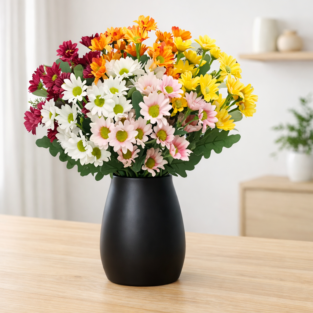 Kleurrijk boeket van 6 UV‑bestendige kunstchrysanten, realistische bloemen voor binnen‑ en buitendecoratie.