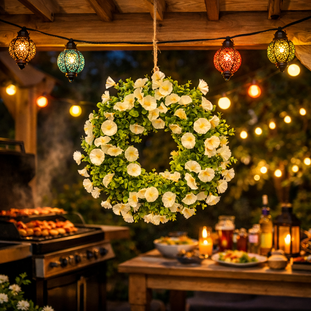 Kunstmatige Witte Vlambloem Krans 46 cm – Premium Prachtbloem Decoratie voor Feest & Interieur