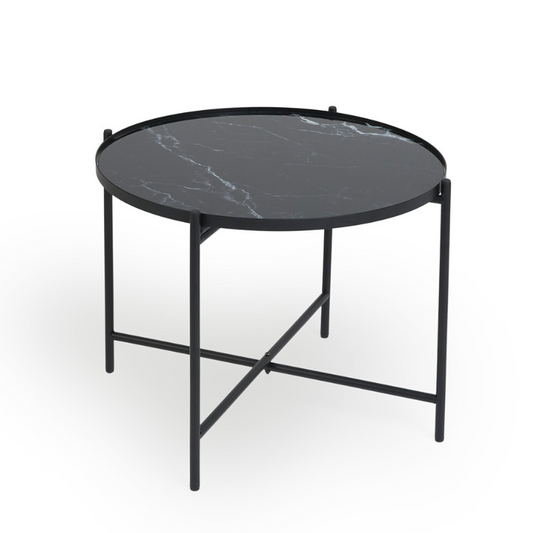 Lifa Living Xavier Bijzettafel – Glas Marmerlook & Zwart Metaal – Compact & Stijlvol