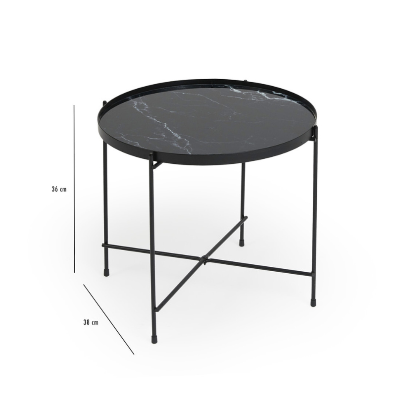 Lifa Living Xavier Bijzettafel – Glas met Marmerlook | Zwart Metaal | Compact & Stijlvol | 5 kg Draagkracht