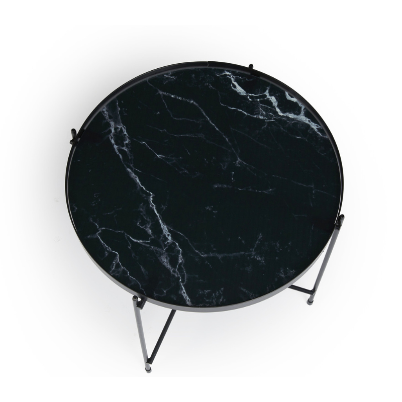 Lifa Living Xavier Bijzettafel – Glas met Marmerlook | Zwart Metaal | Compact & Stijlvol | 5 kg Draagkracht